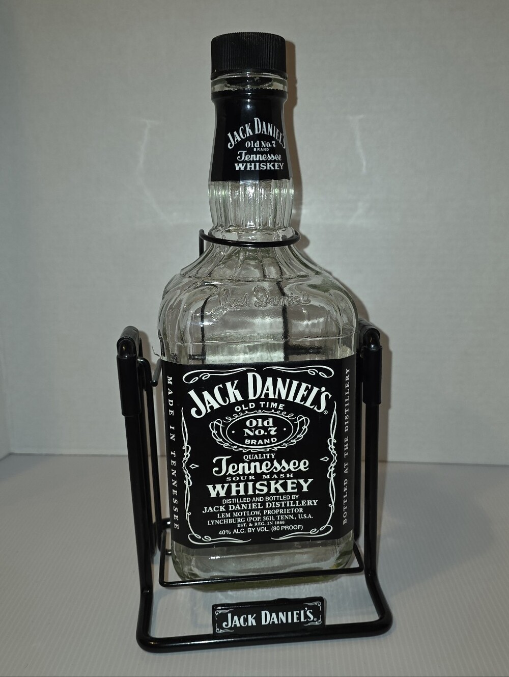 Vintage Jack Daniels Black Label Bottle In Black Metal Swing Cradle 1.75L EMPTY